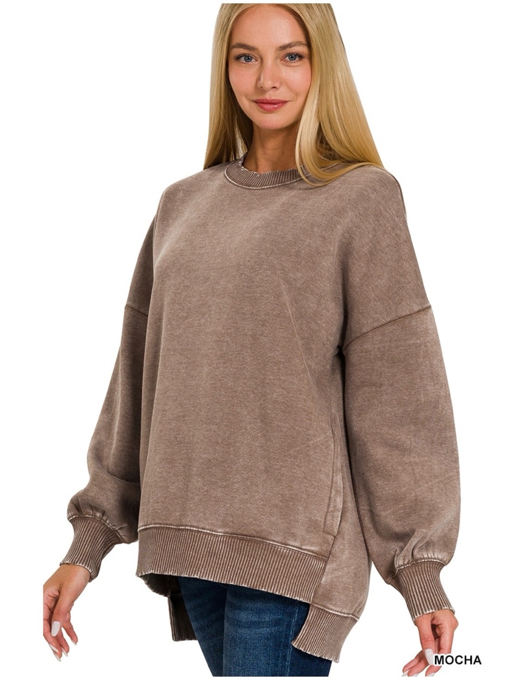 Zenana Acid Wash Fleece Hi Low Pullover Sweatshirt Pockets Mocha - Picture 2 of 2